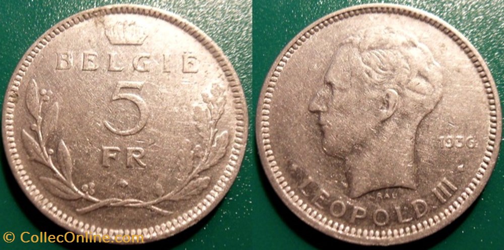 monnaie monde belgique 5 francs 1936 belgie