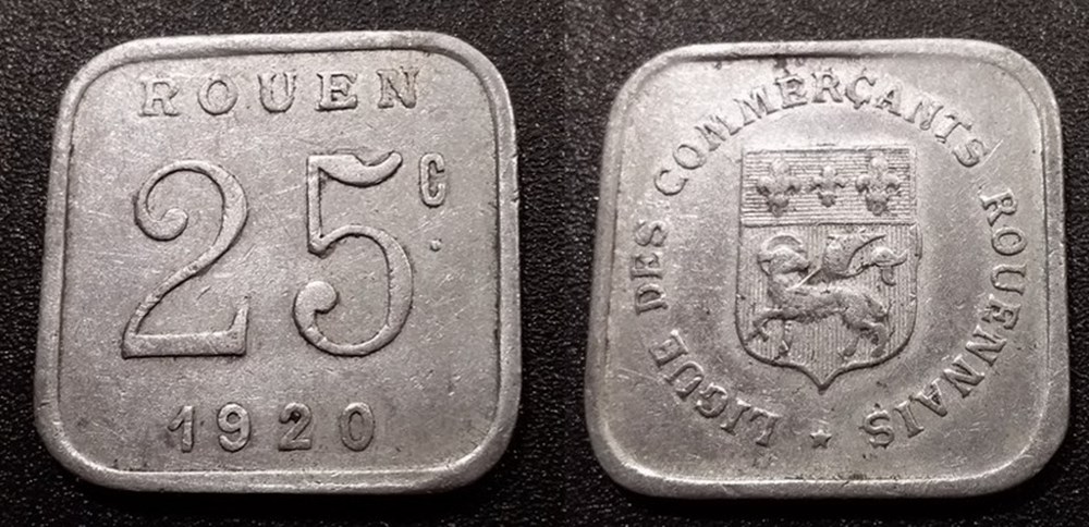 monnaies paranumismatique jetons poids p mn rouen 25 centimes 1920 ligue des commercants rouennais elie 15 3