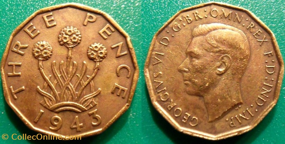 3 Pence 1943 Fleur de poireau monnaie monde royaume uni 3 pence 1943 fleur de poireau