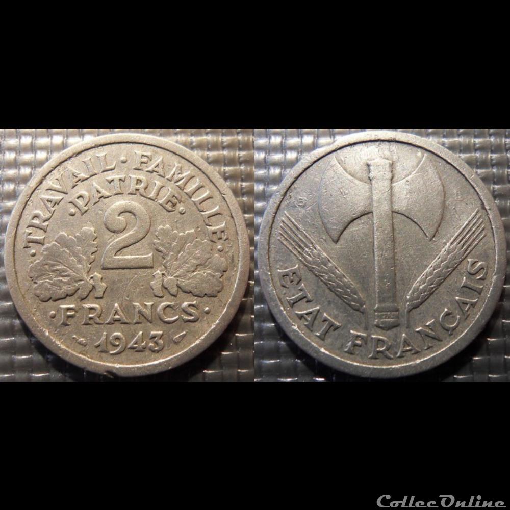 Jd 2 francs Bazor 1943 B 27mm 2.2g monnaie france moderne jd 2 francs bazor 1943 b 27mm 2 2g