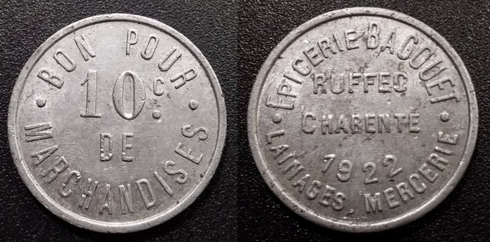 p- MN Ruffec 10 centimes 1922 - Epicerie Bagouet Elie:10.2 monnaies paranumismatique jetons poids p mn ruffec 10 centimes 1922 epicerie bagouet elie 10 2