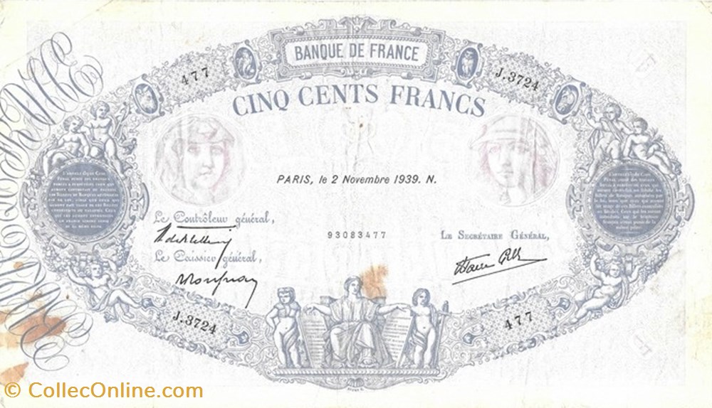 500 Francs Bleu et Rose type 1888 modifié 2 Novembre 1939 billets europe france 500 francs bleu et rose type 1888 modifie 2 novembre 1939