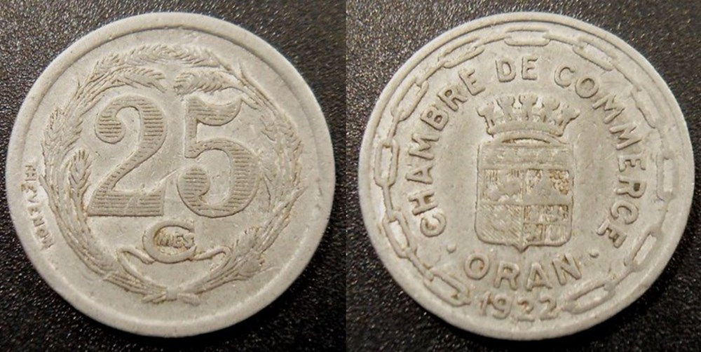 Algérie Oran 25 Centimes Chambre de Commerce 1922 monnaies colonies francaises algerie oran 25 centimes chambre de commerce 1922