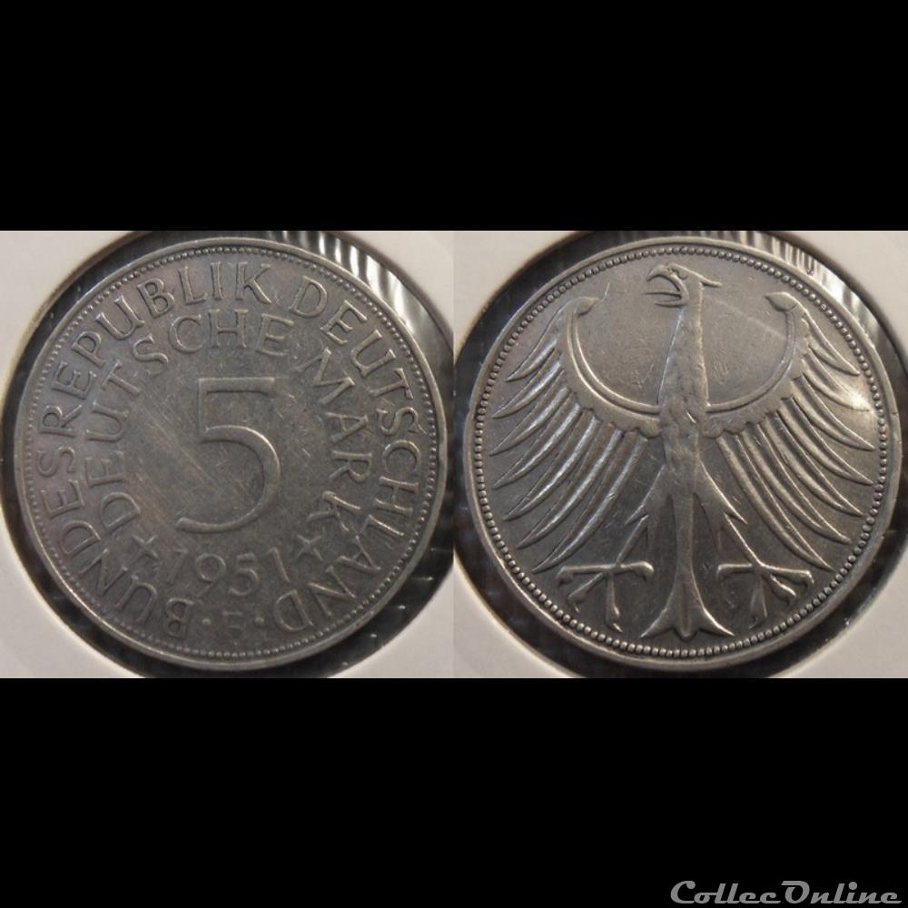 Germany 5 Mark 1951 F monnaie france colony germany 5 mark 1951 f
