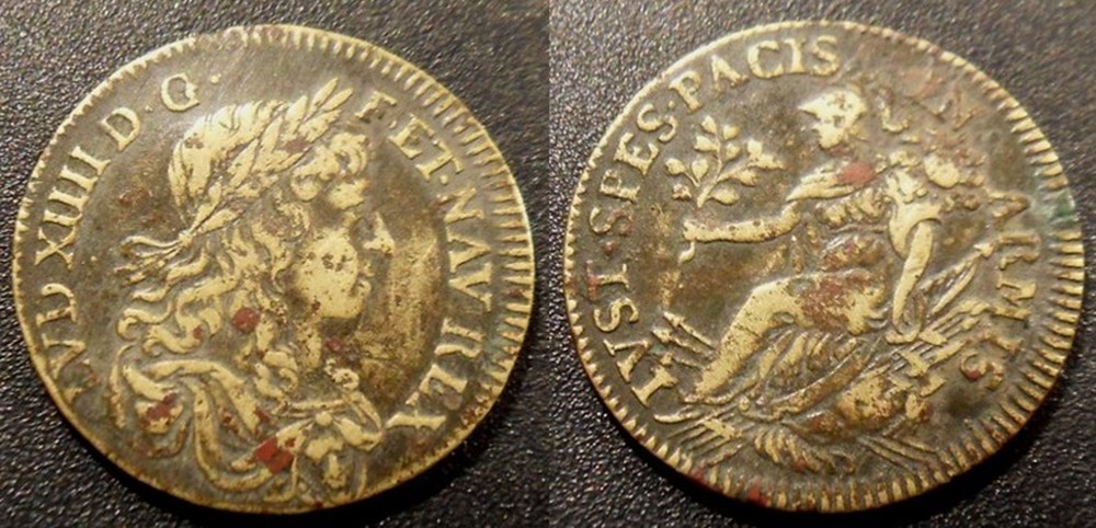 m- Jeton Louis XIV - Iustis Spes Pacis In Armis monnaies paranumismatique jetons poids m jeton louis xiv iustis spes pacis in armis