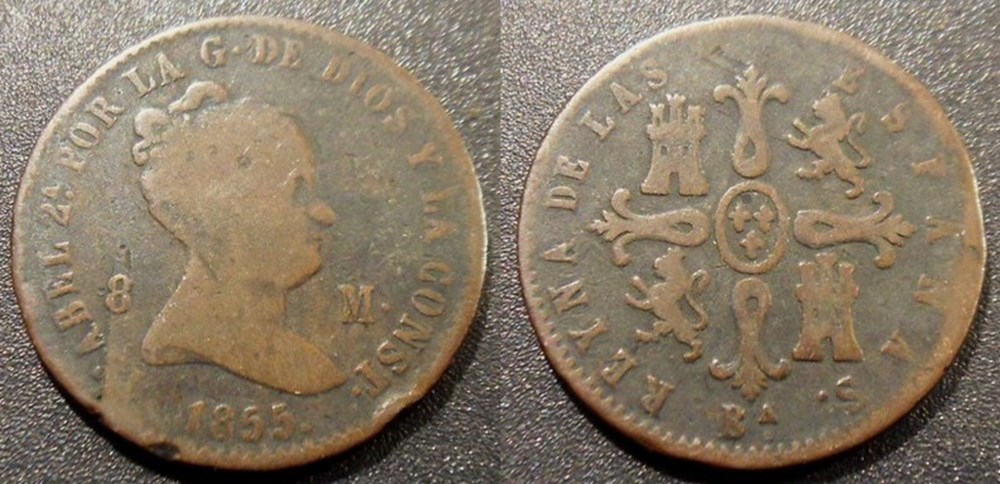 Espagne 8 maradevis 1855 BA Barcelone monnaies monde espagne 8 maradevis 1855 ba barcelone