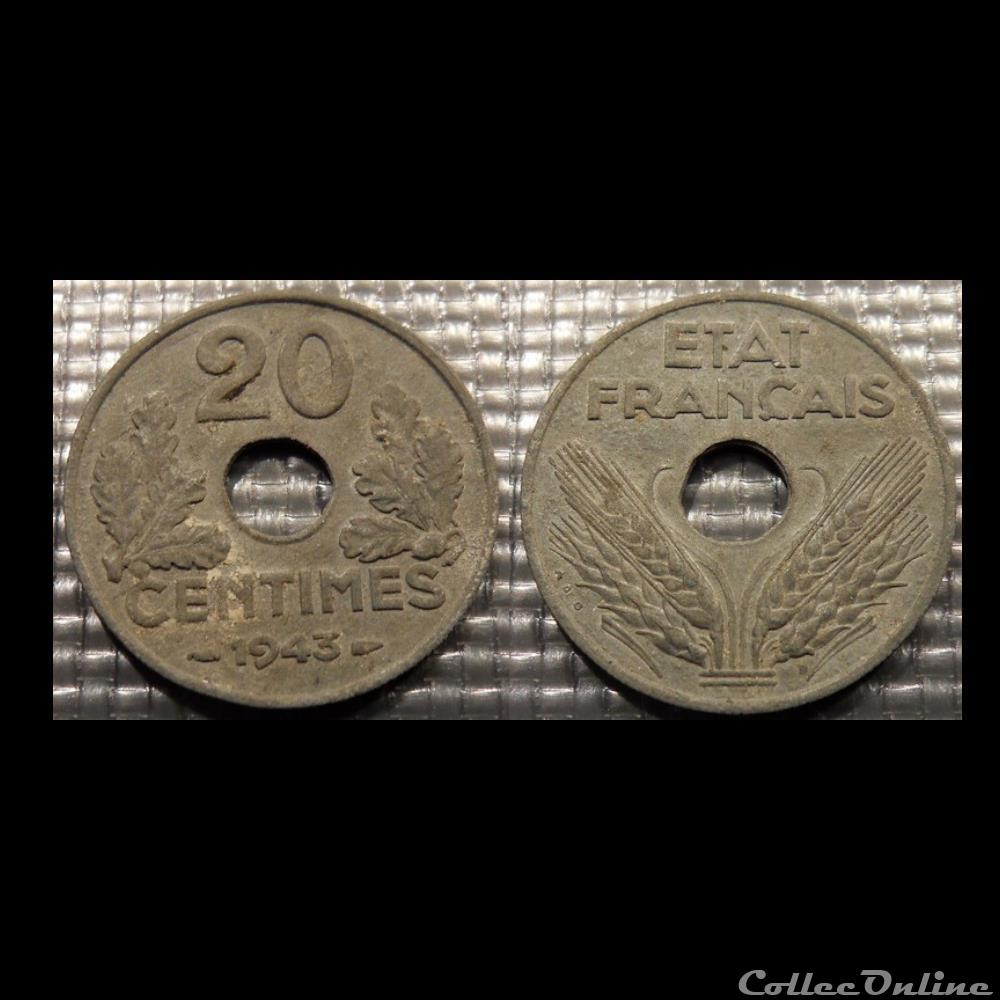 Eb 20 centimes Etat Français 1943 24mm 3.5g monnaie france moderne eb 20 centimes etat francais 1943 24mm 3 5g