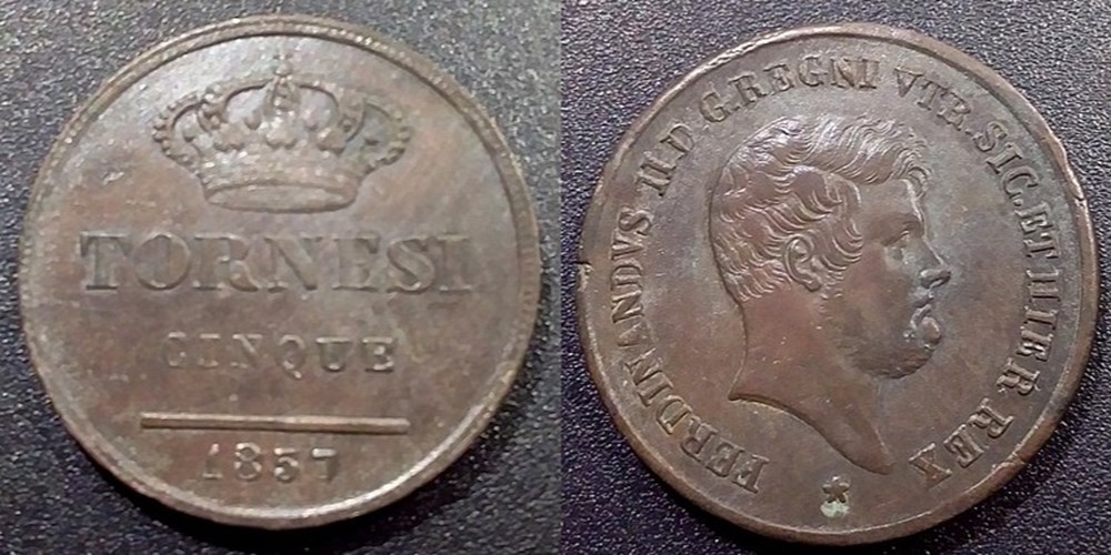Italie Naples & Sicile 5 Tornesi 1857 - Ferdinando II monnaies monde italie naples sicile 5 tornesi 1857 ferdinando ii