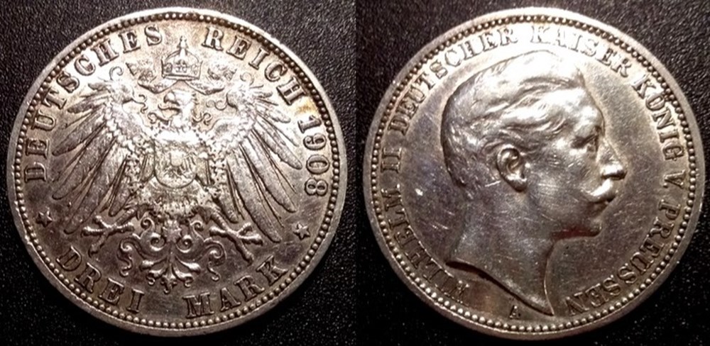 Germany Prusse drei mark 1908 monnaies monde allemagne germany prusse drei mark 1908