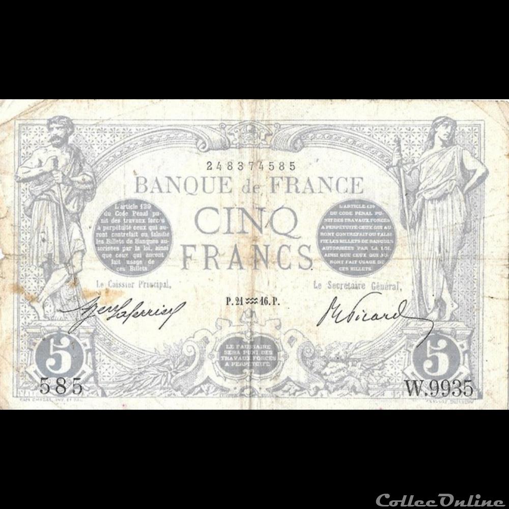 5 Francs Bleu 21 janvier 1916 billet france banque de xxe 5 francs bleu 21 janvier 1916