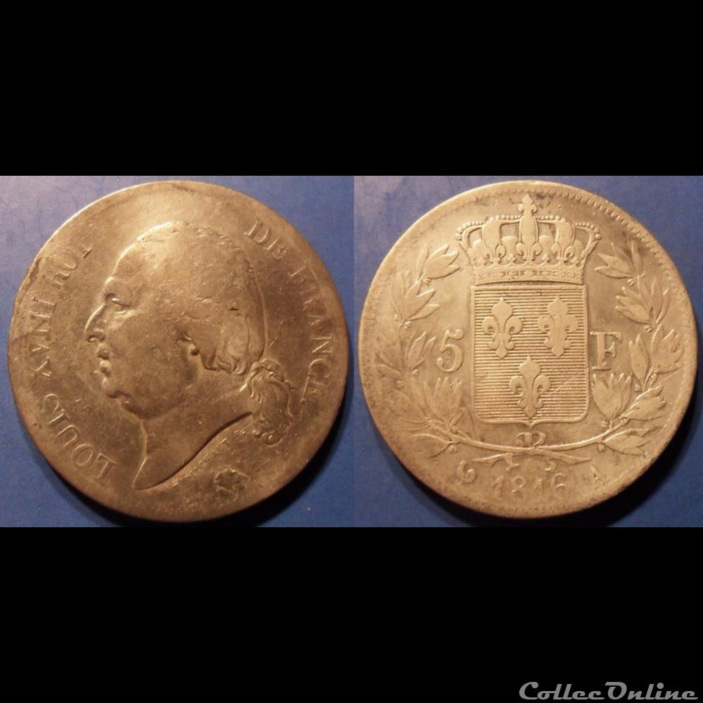 E Louis XVIII 5 Francs 1816 A, buste nu Second gouvernement Royal monnaie france moderne e louis xviii 5 francs 1816 a buste nu second gouvernement royal