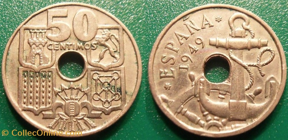50 Centimos 1949 flèches vers le haut monnaie monde espagne 50 centimos 1949 fleches vers le haut