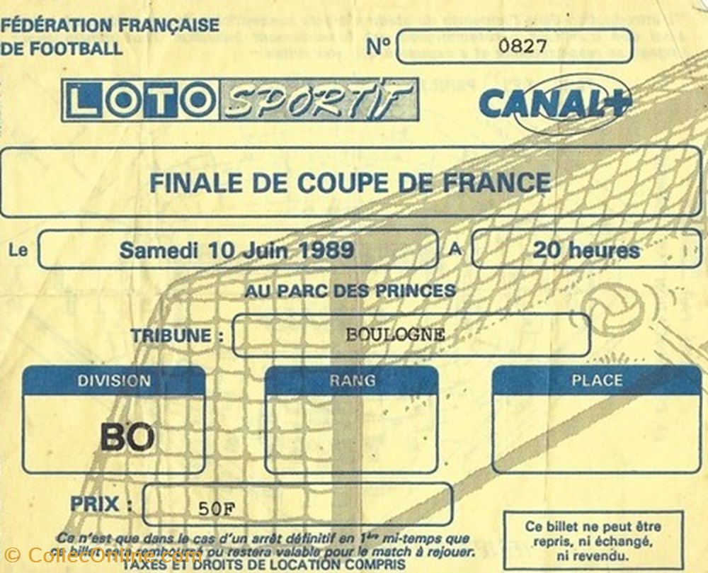 Football Finale Coupe de France 10 juin 1989 documents anciens tickets entree football finale coupe de france 10 juin 1989