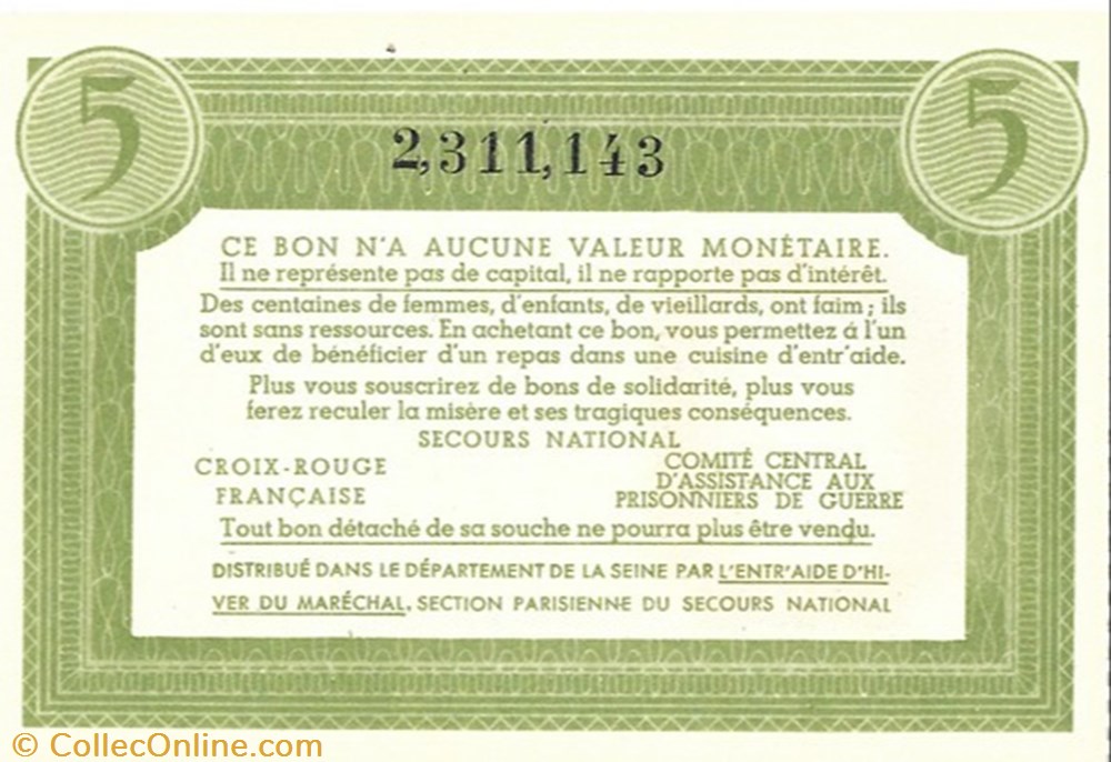 a0- Bon de solidarité CINQ FRANCS Pétain variante monnaie jeton mereaux a0 bon de solidarite cinq francs petain variante