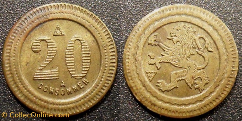f- Jeton à consommer 20 C. à Consommer Lion héraldique monnaies paranumismatique jetons poids f jeton a consommer 20 c a consommer lion heraldique