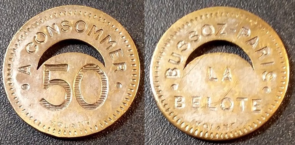 fb- Bussoz - Jeton à consommer 50 C.Paris - La Belote monnaies paranumismatique jetons poids fb bussoz jeton a consommer 50 c paris la belote