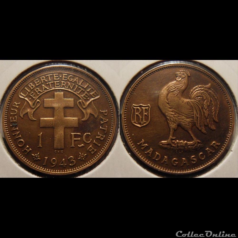 Madagascar 1 Franc France Libre 1943 SA (Prétoria) monnaie colony madagascar 1 franc france libre 1943 sa pretoria