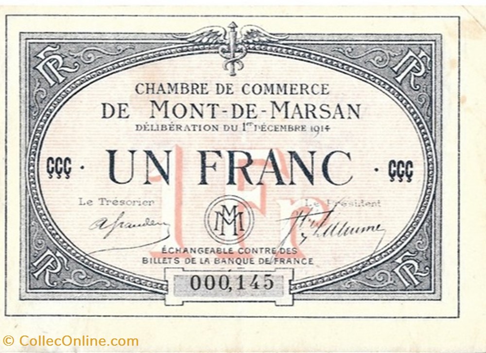 A2 1Fr. Chambre de Commerce de Mont de Marsan Délibération du 1 décembre 1914 billets europe france a2 1fr chambre de commerce de mont de marsan deliberation du 1 decembre 1914