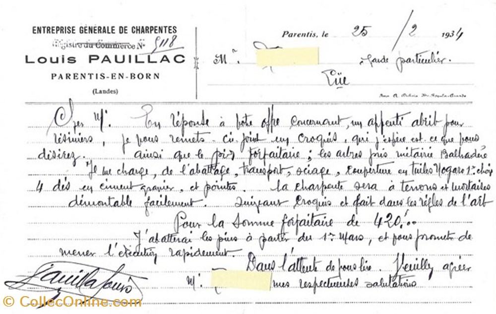 Vieux papiers: Parentis en Born - Entreprise Générale de Charpentes Louis PAUILLAC 1934 divers vieux papiers parentis en born entreprise generale de charpentes louis pauillac 1934
