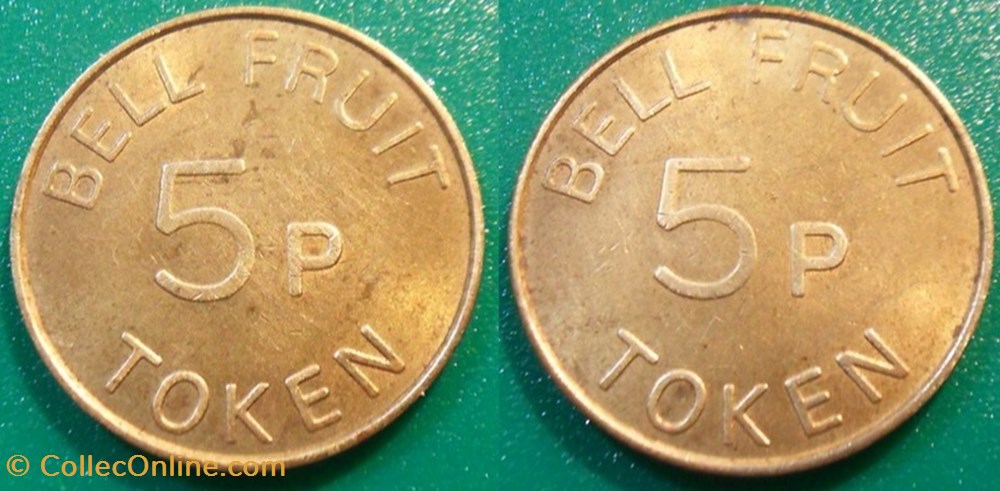 e- J etr Grande Bretagne BELL FRUIT 5 P Token (variante 5P plus gras) monnaies jetons mereaux e j etr grande bretagne bell fruit 5 p token variante 5p plus gras
