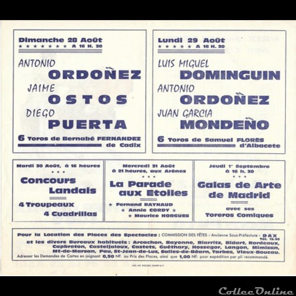 Programme des corridas de Dax 1960 autre france assignat programme des corridas de dax 1960