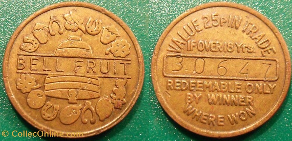 e- J etr Grande Bretagne BELL FRUIT Value 25p In Trade monnaies paranumismatique jetons poids e j etr grande bretagne bell fruit value 25p in trade