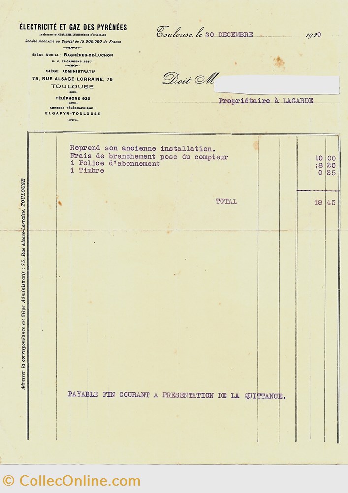 vieux papier affich electricite et gaz des pyrenees facture 1929 lagarde ariege