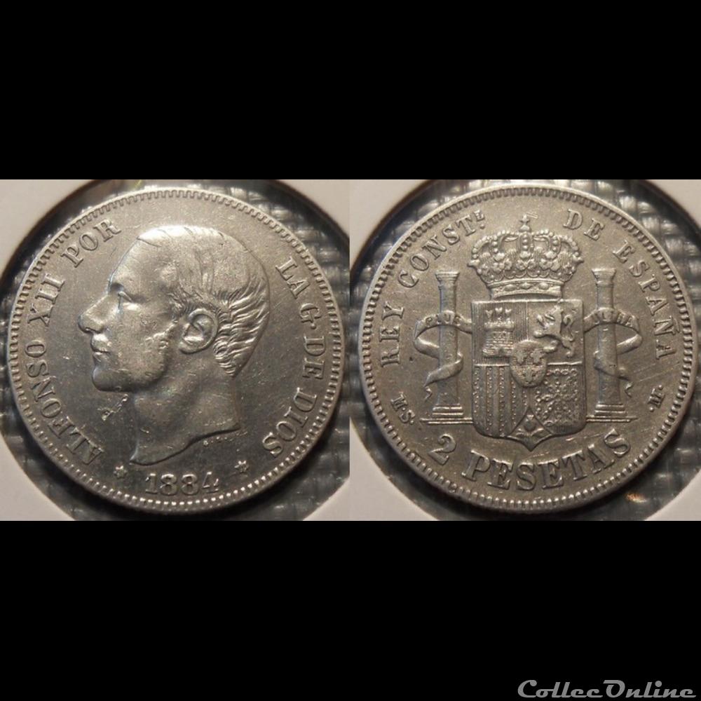 Espagne 2 pesetas 1884 monnaie monde moderne espagne 2 pesetas 1884