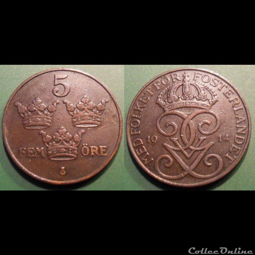 Suède 5 Ore 1914 monnaie monde suede 5 ore 1914