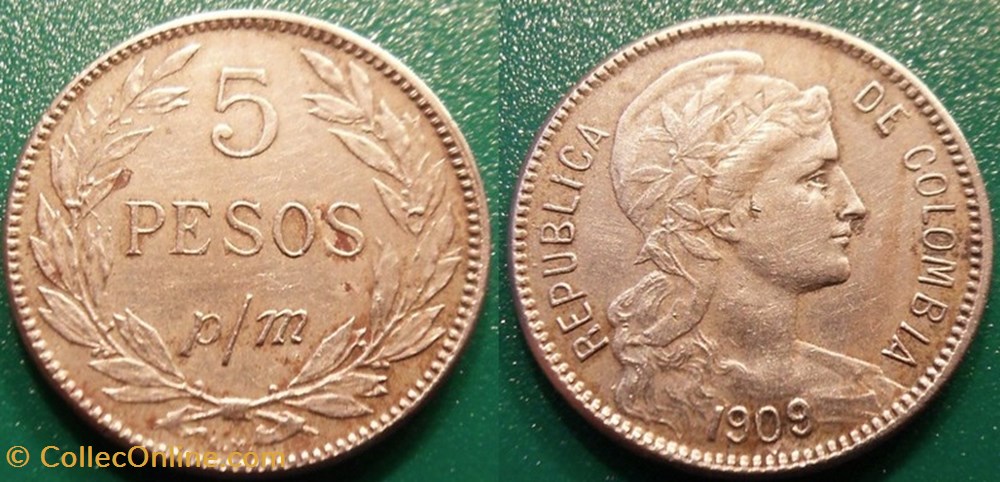 Colombie 5 Pesos 1909 monnaie monde congo colombie 5 pesos 1909
