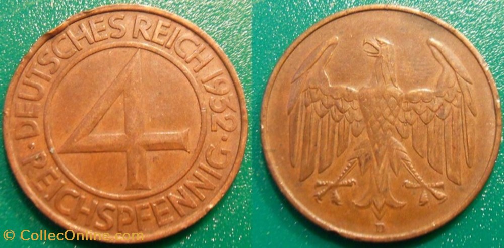 4 Reichspfennig 1932 monnaie monde allemagne 4 reichspfennig 1932