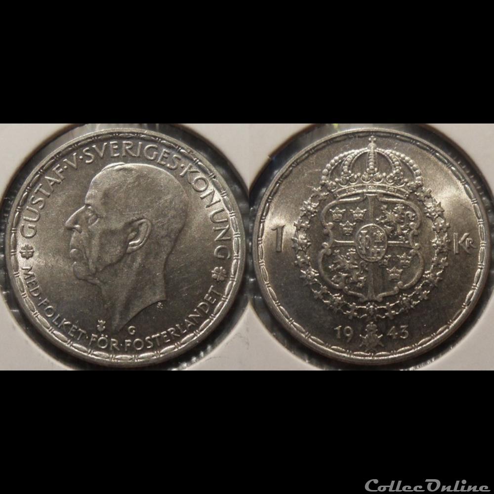 Suède 1 Krona 1943 G monnaie monde moderne suede 1 krona 1943 g