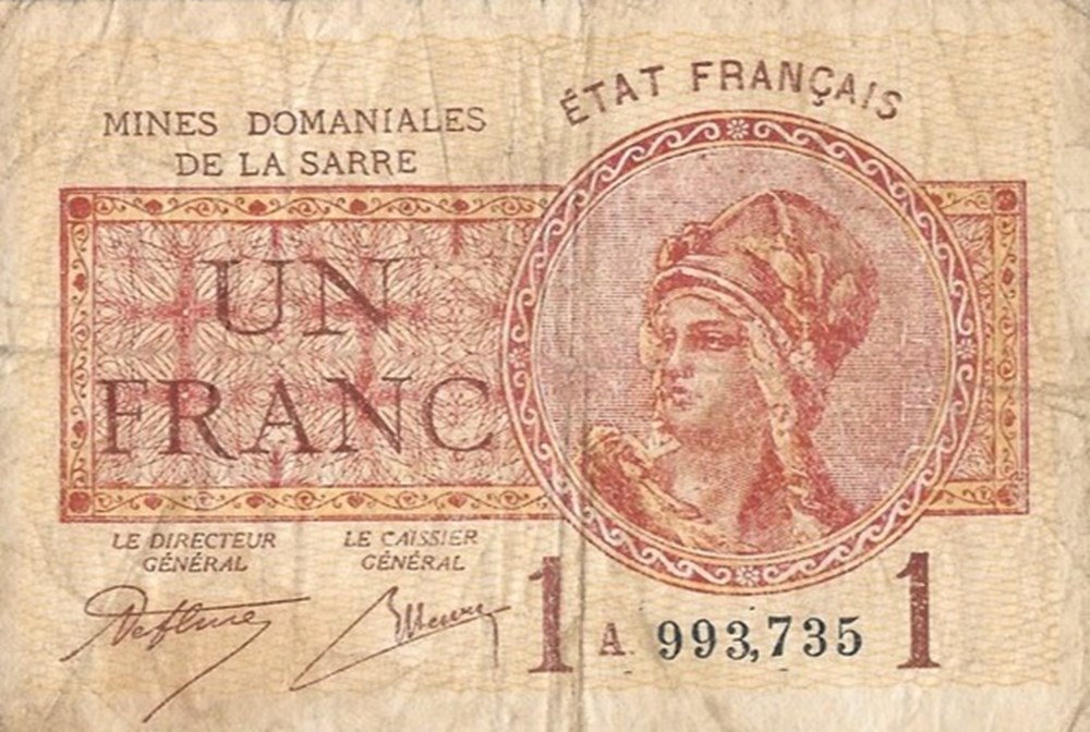 billets europe france etat francais mines domaniales de la sarre 1 franc
