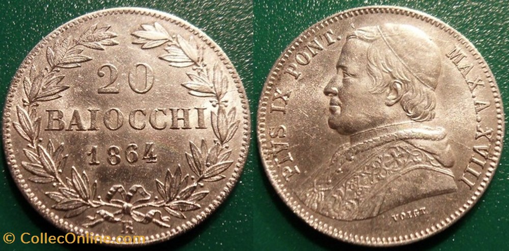 Vatican 20 Baiocchi 1864 R A.XVIII monnaie monde vatican 20 baiocchi 1864 r a xviii