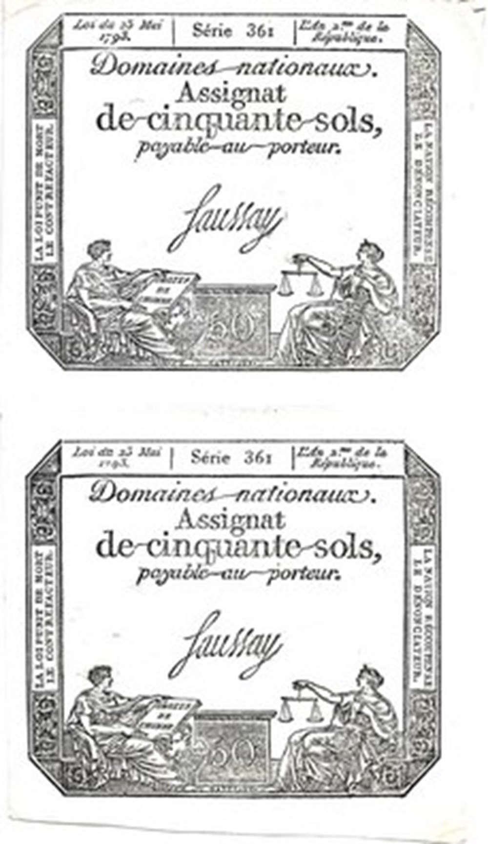 billets europe france assignat de cinquante sols loi du 23 mai 1793 saussay