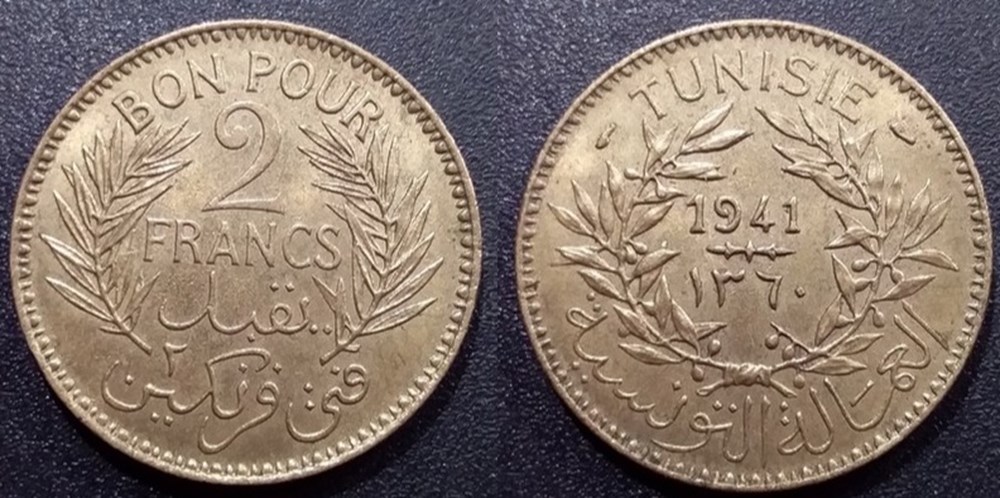 monnaies colonies francaises tunisie 2 francs 1941 aile