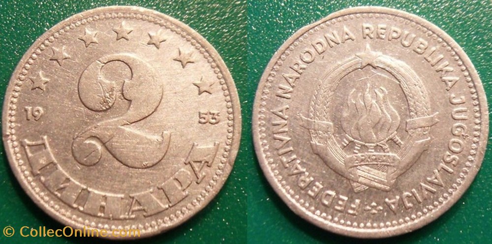 2 Dinars 1953 monnaie monde yougoslavie 2 dinars 1953