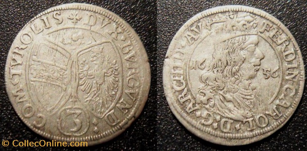 Germany - Comté de Tyrol 3 Kreuzer 1656 Ferdinand Charles de Habsbourg monnaies monde allemagne germany comte de tyrol 3 kreuzer 1656 ferdinand charles de habsbourg