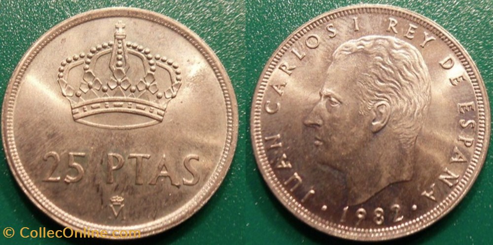 monnaie monde espagne 25 pesetas 1982 m couronne tranche striee