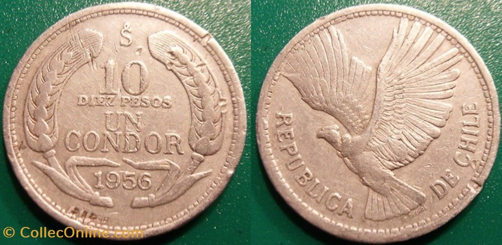 monnaie monde chili 10 pesos ou 1 condor 1956