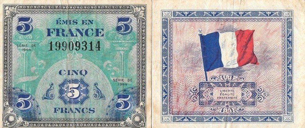 5 Francs Drapeau France 1944 billets europe 5 francs drapeau france 1944