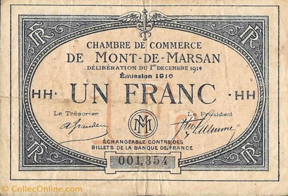 B2 1Fr Chambre de Commerce de Mont de Marsan délibération 1 decembre 1914 Emission 1916 billets europe france b2 1fr chambre de commerce de mont de marsan deliberation 1 decembre 1914 emission 1916