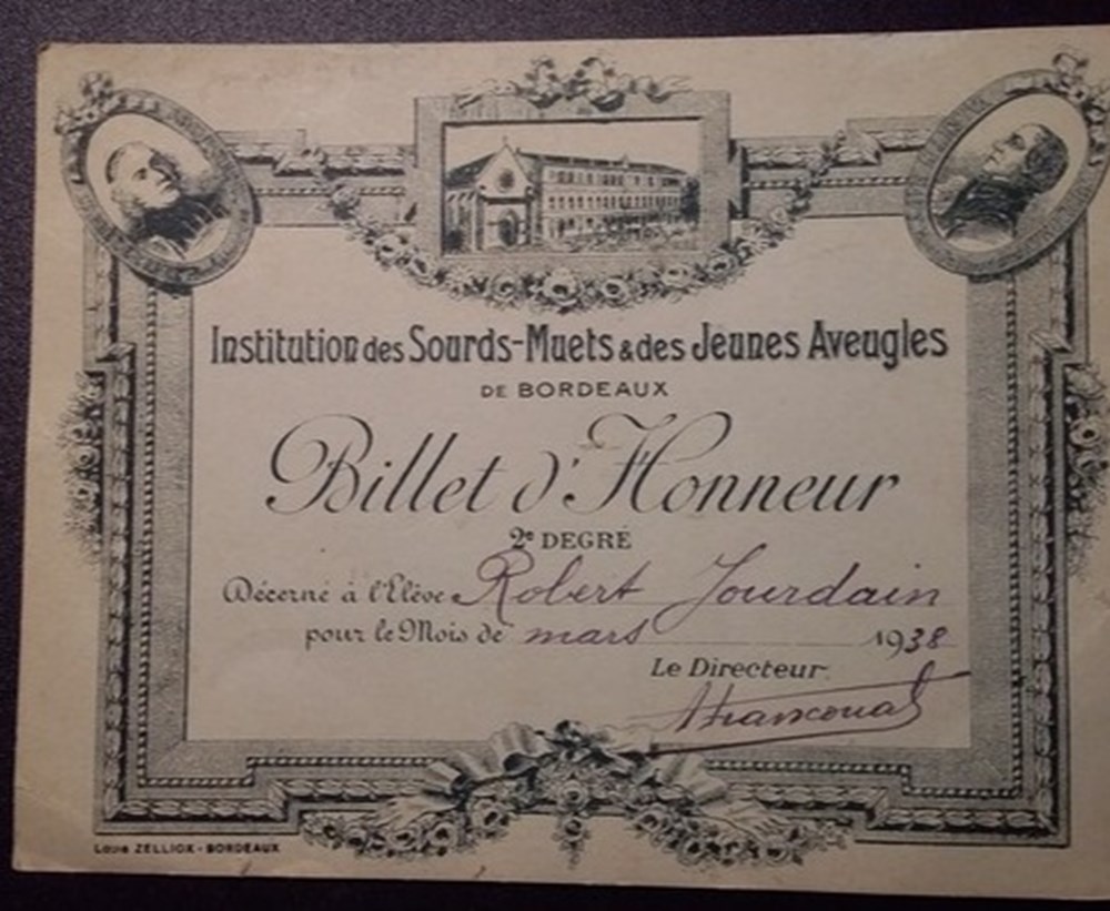 Bordeaux - Institution des Sours-Muets & des Jeunes Aveugles - Billet d'Honneur 1938 documents anciens affiches bordeaux institution des sours muets des jeunes aveugles billet honneur 1938