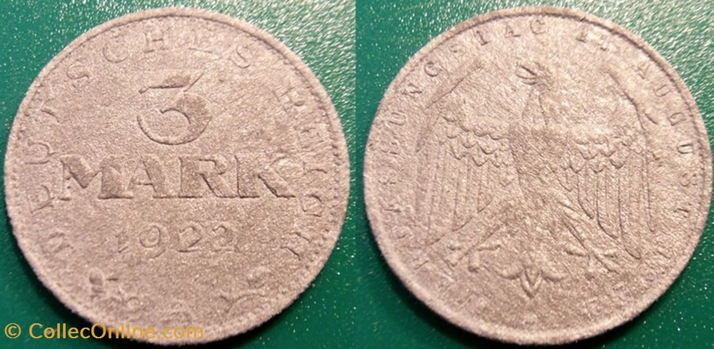 3 Mark 1922 monnaie monde allemagne 3 mark 1922
