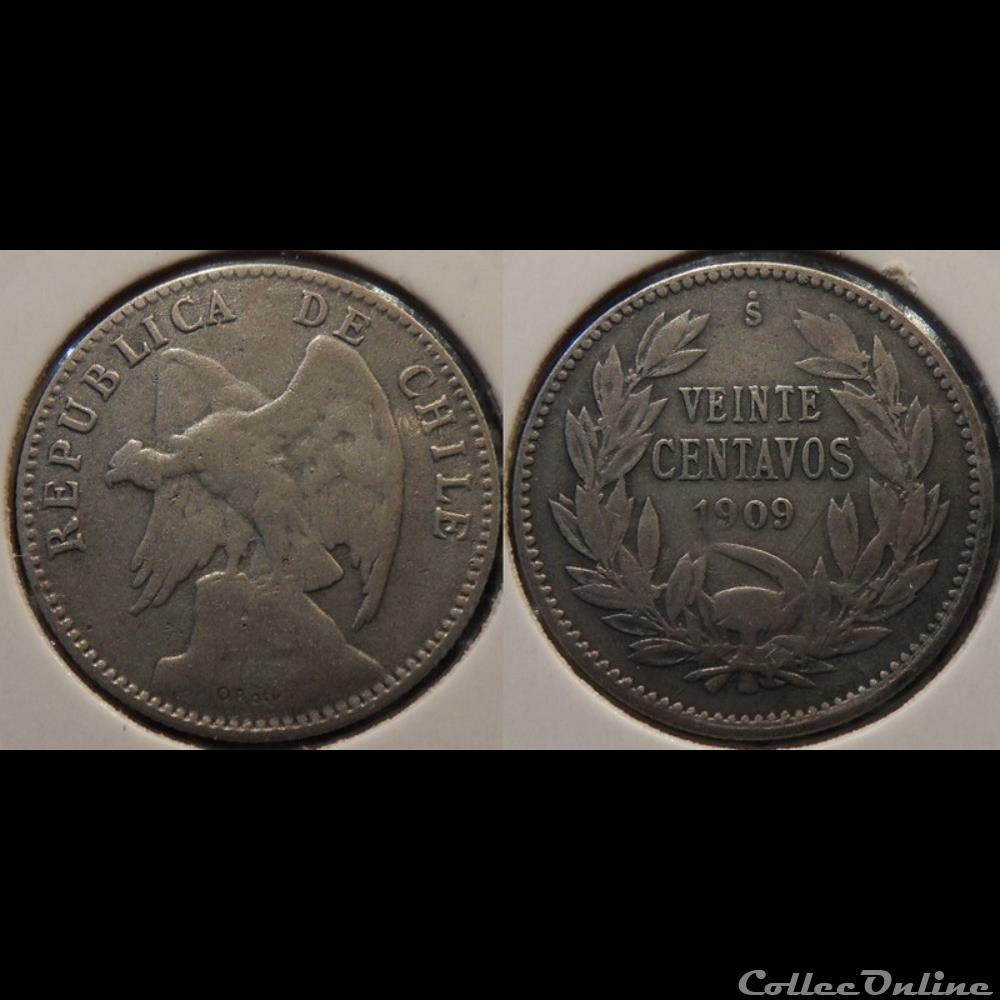 monnaie monde romaine chili 20 centavos 1909