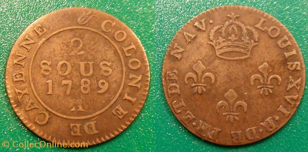 Guyane 2 sous de Cayenne 1789A monnaies colonies francaises guyane 2 sous de cayenne 1789a