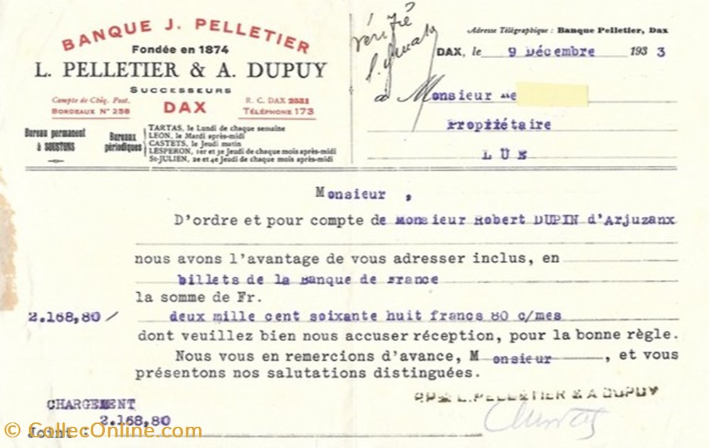 Vieux papiers: Dax - Banque Pelletier 1933 divers vieux papiers dax banque pelletier 1933