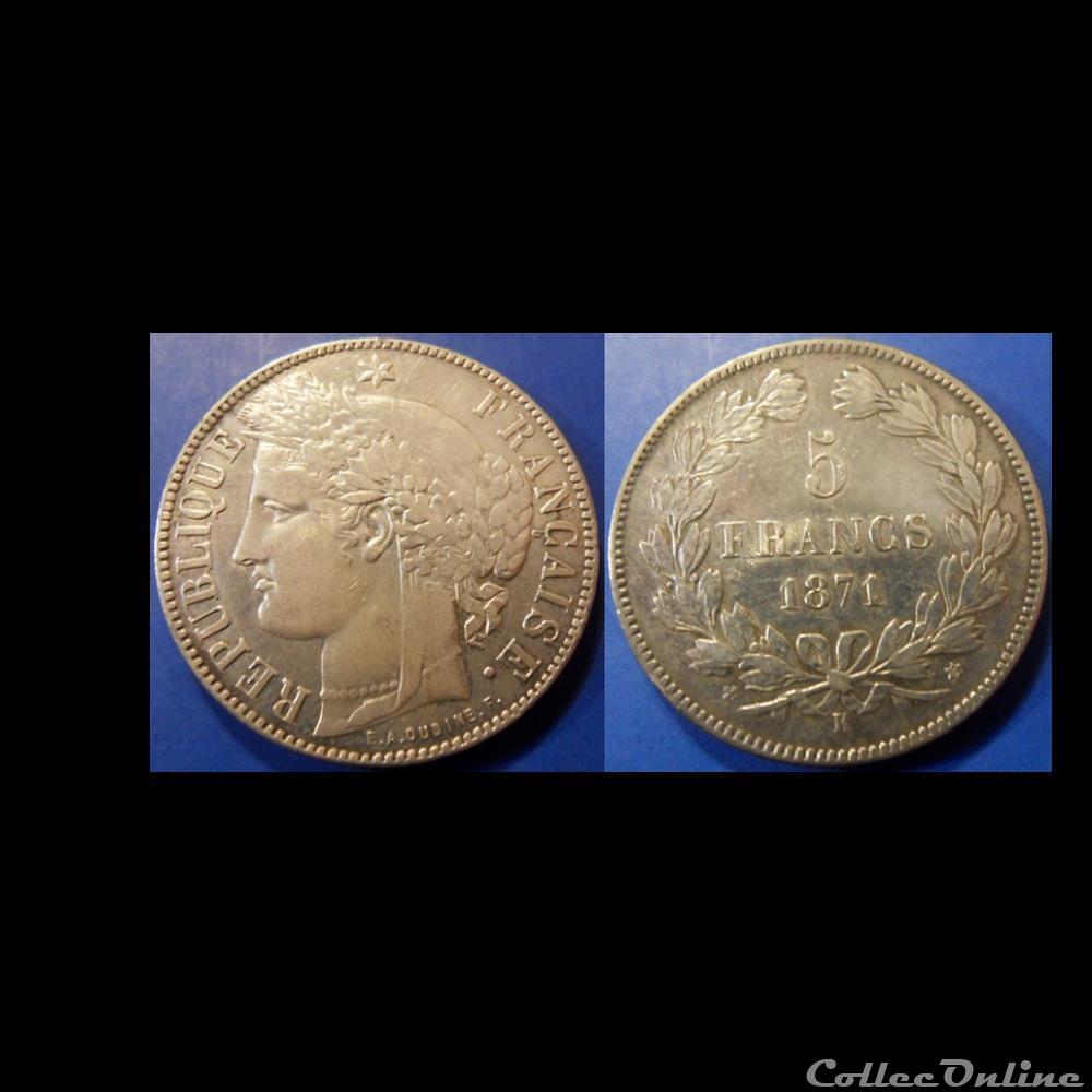 J-Gouv. Déf Nationale/Troisième République 5 Francs Céres 1871 K sans légende monnaies monde france j gouv def nationale troisieme republique 5 francs ceres 1871 k sans legende
