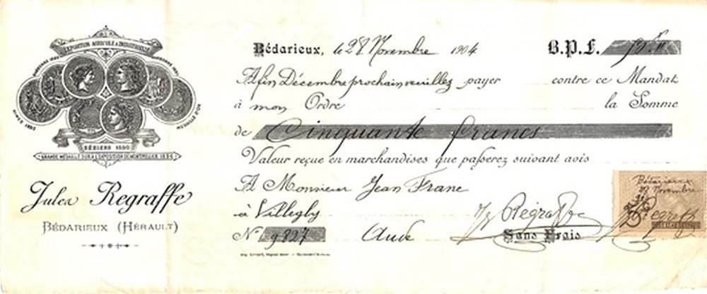 documents anciens affiches facture bedarieux julien regraffe 28 novembre 1904