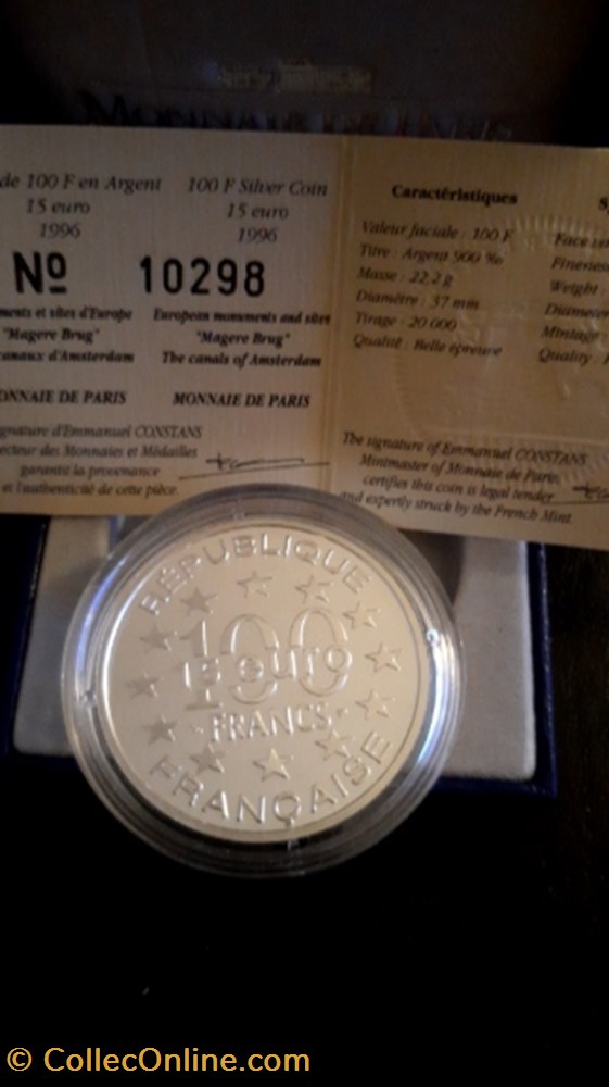 100 francs 15 Euros BE 1996 Les cannaus d'Amsterdam monnaie 100 francs 15 euros be 1996 les cannaus amsterdam